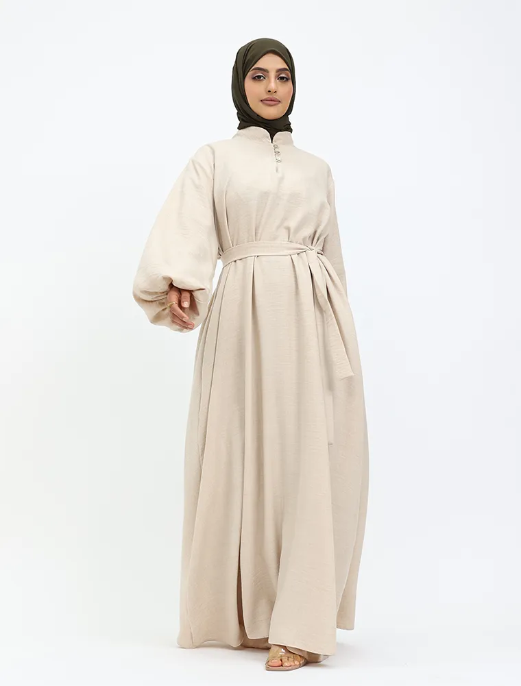 Beige Linen Feel Nehru Collar Maxi